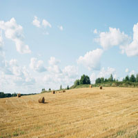 a country farm with hay bales